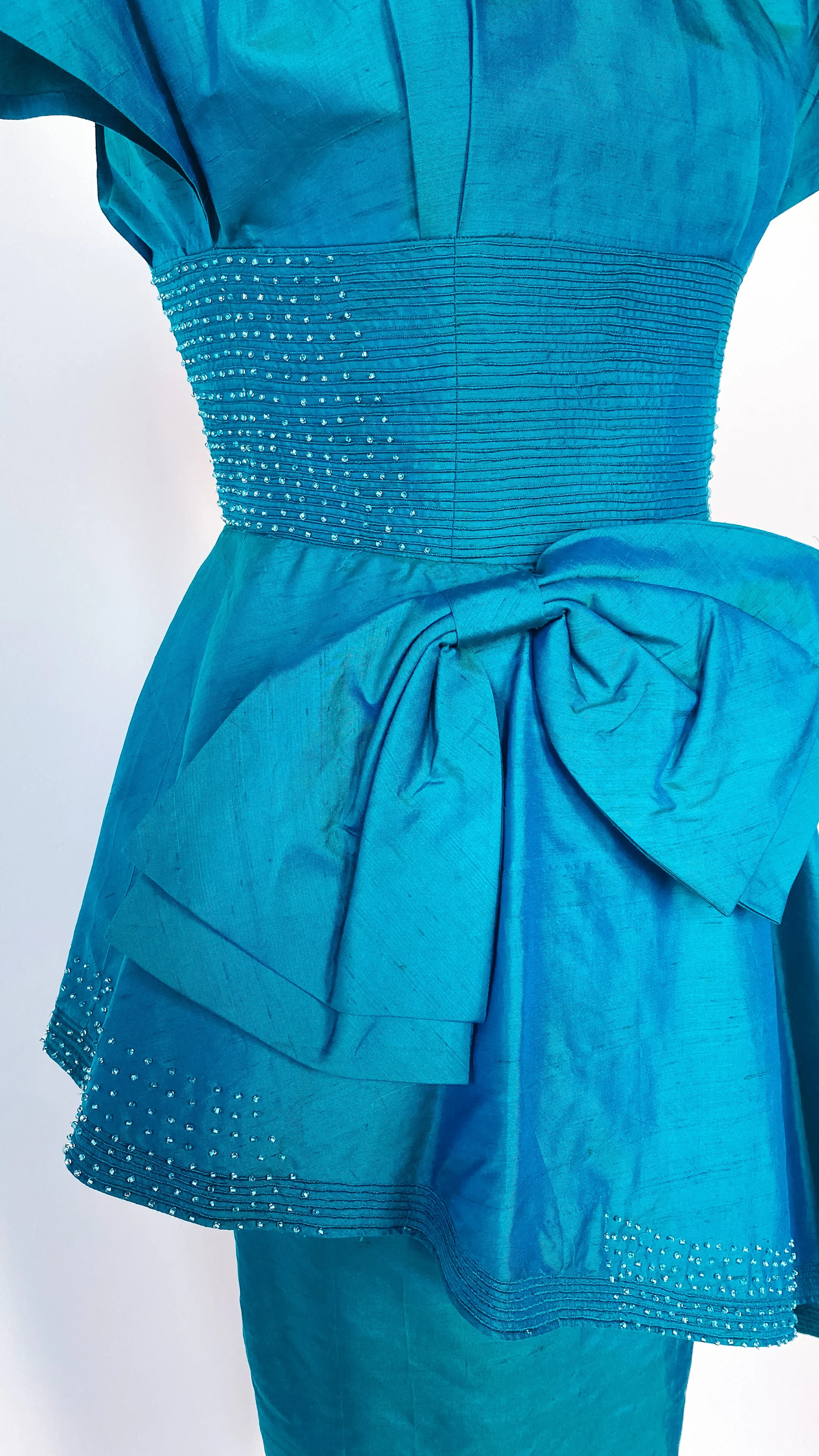 1950s Oversized Peplum Teal Dress, sz. XXS