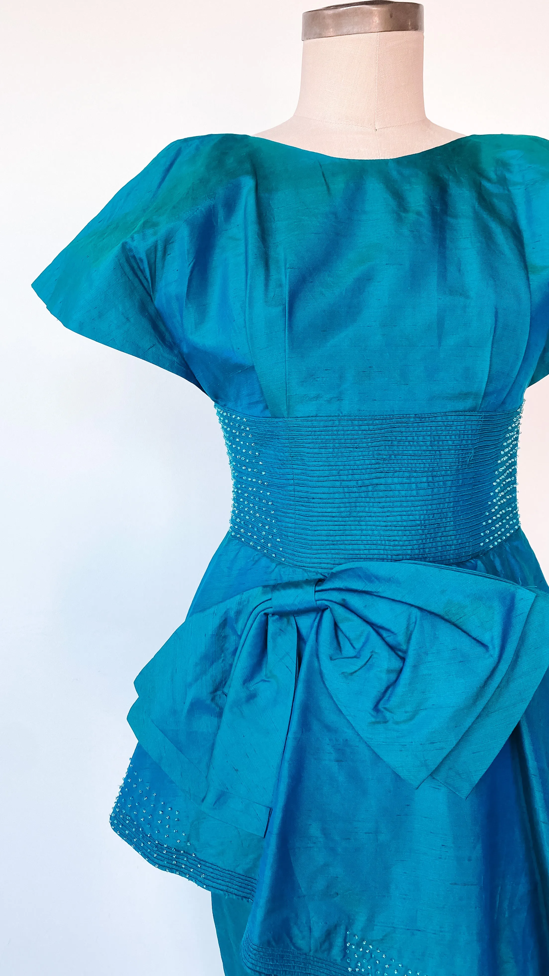 1950s Oversized Peplum Teal Dress, sz. XXS