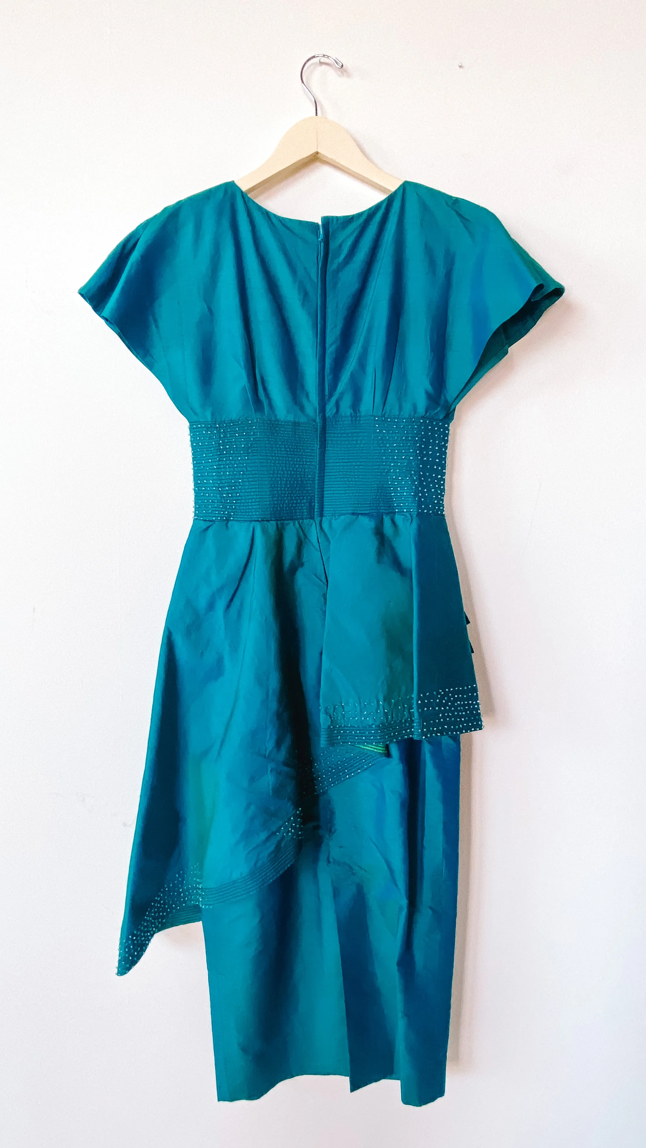 1950s Oversized Peplum Teal Dress, sz. XXS