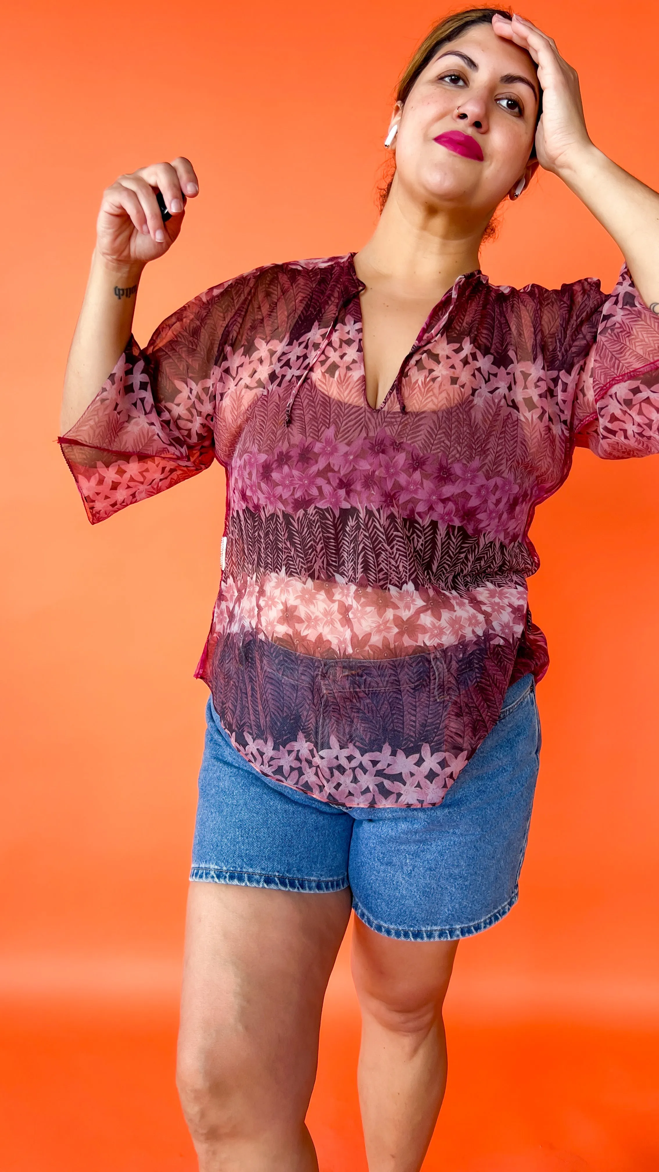 1970s Sheer Floral Flowy Top, sz. XL