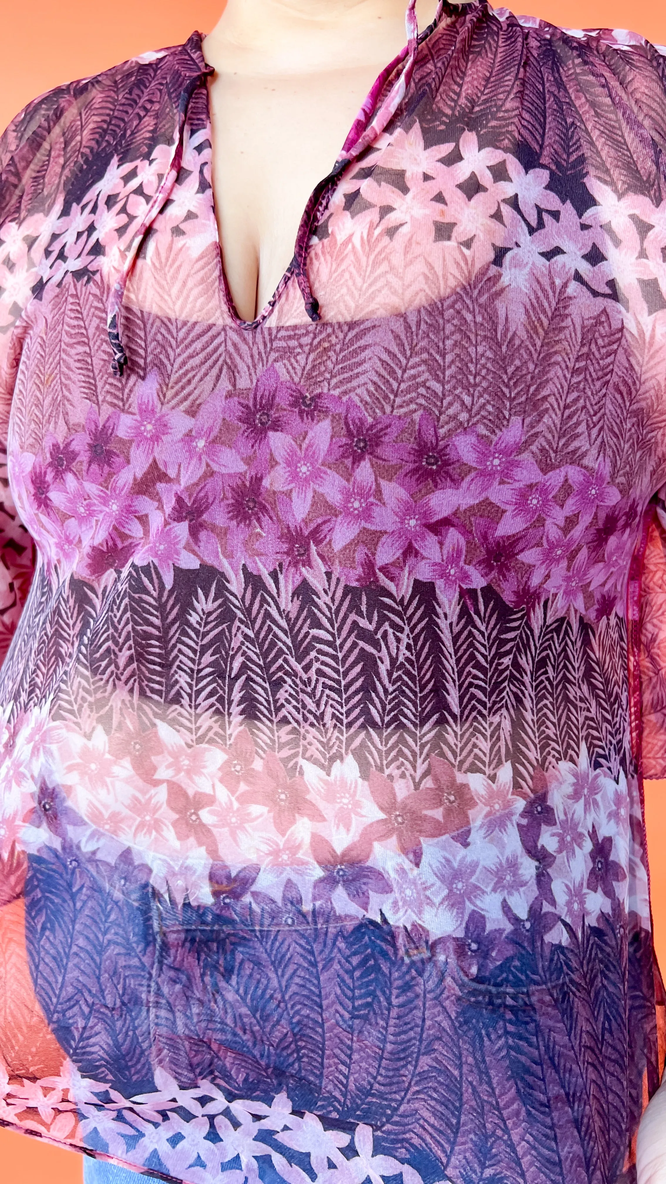 1970s Sheer Floral Flowy Top, sz. XL