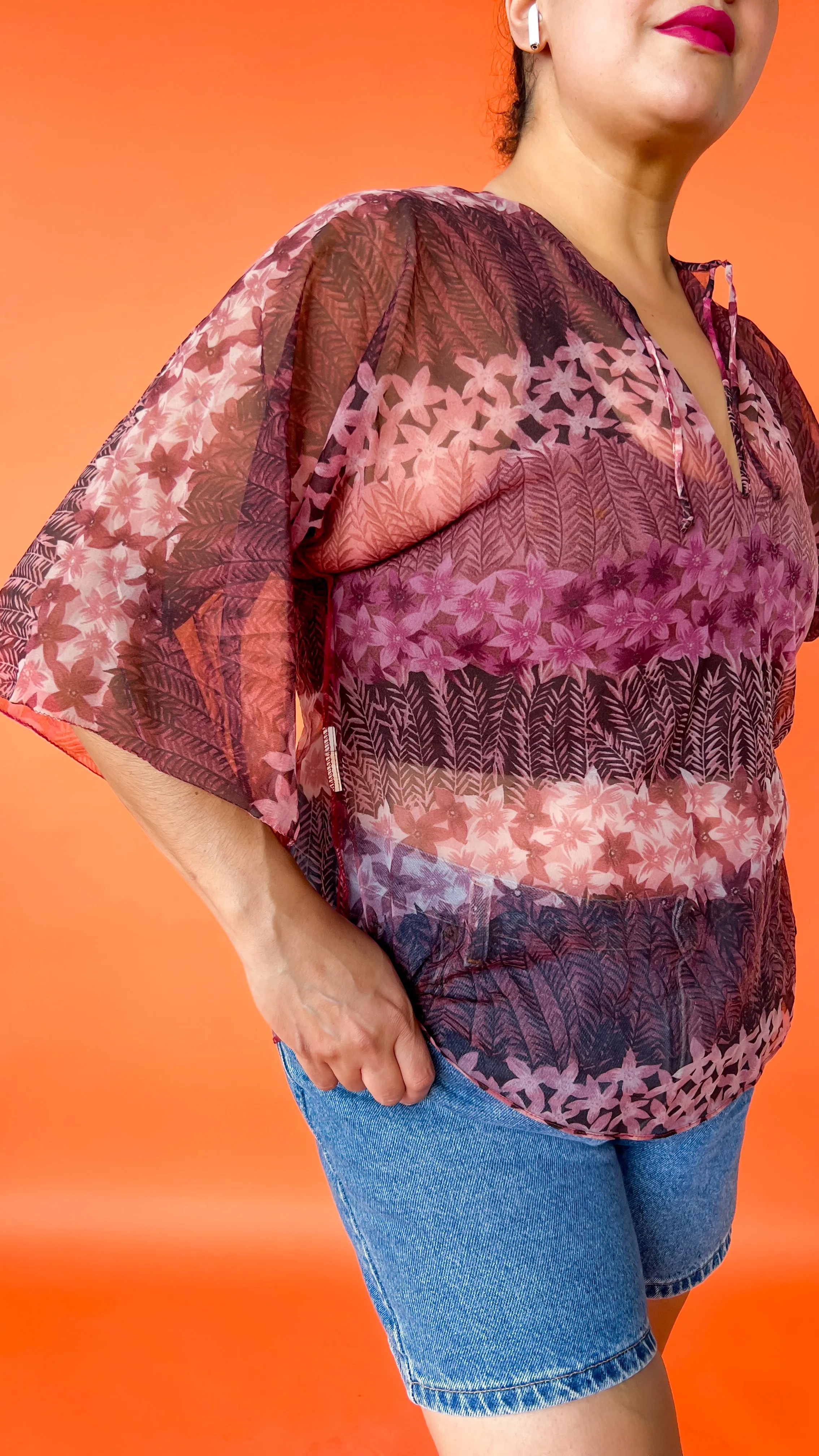 1970s Sheer Floral Flowy Top, sz. XL