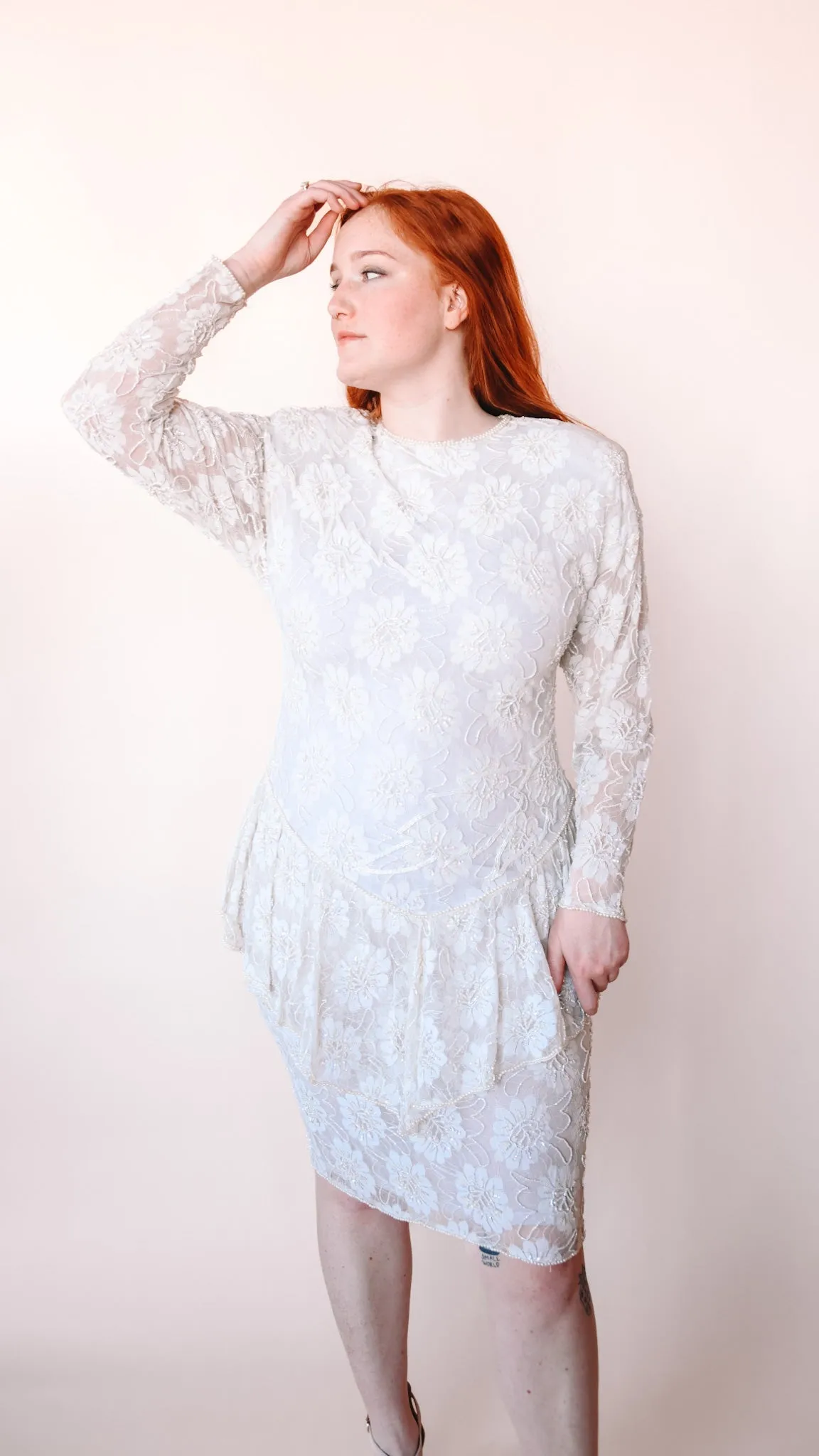 1980s Beaded Peplum Wedding Dress, sz. L