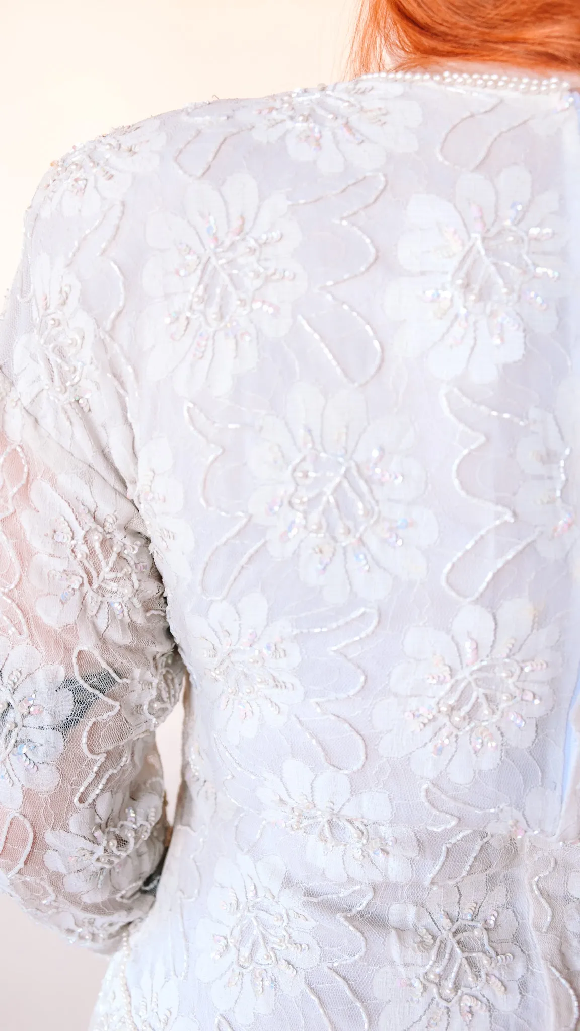 1980s Beaded Peplum Wedding Dress, sz. L