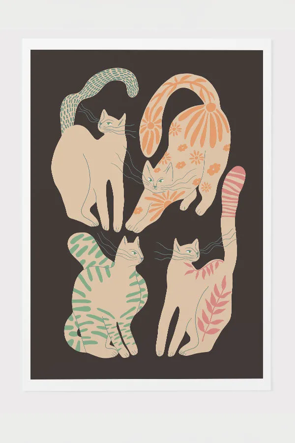 Abstract Floral Cats Giclée Art Print Poster (Dark)