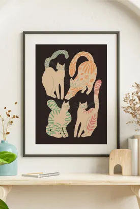 Abstract Floral Cats Giclée Art Print Poster (Dark)