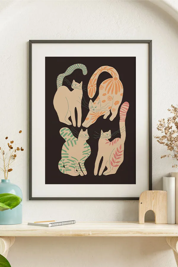 Abstract Floral Cats Giclée Art Print Poster (Dark)