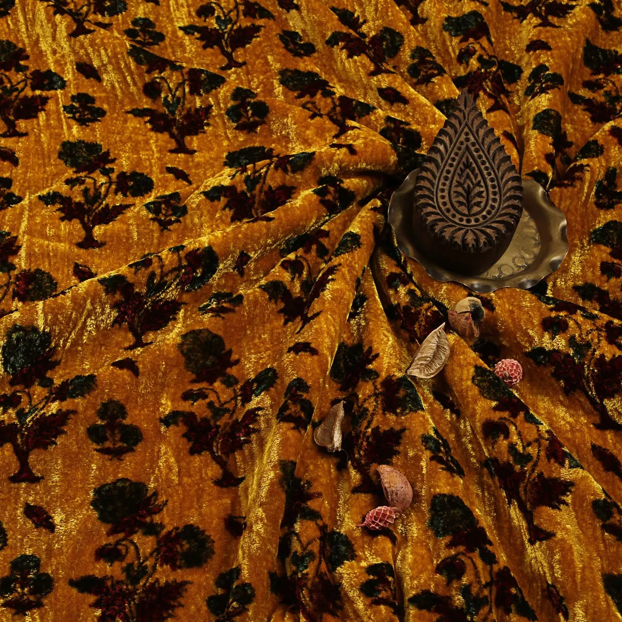 Floral Velvet Fabric with Ajrakh Hand Block Printing