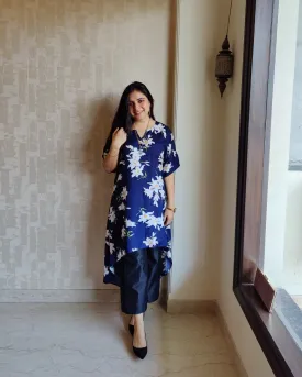 Blue Floral Printed High Low Tunic