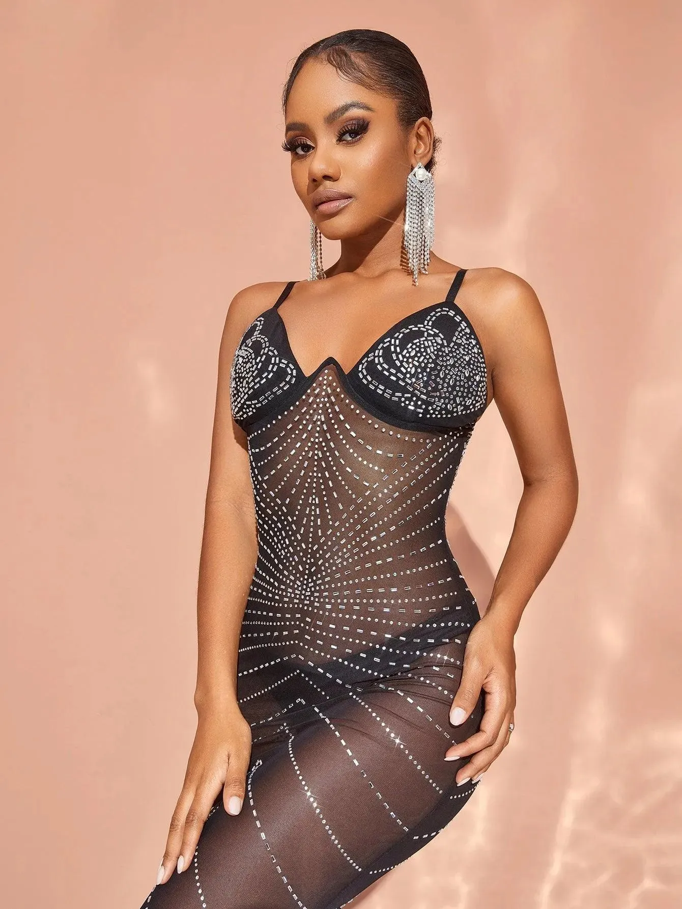 Chic Rhinestone Detail Sheer Mesh Cami Dress