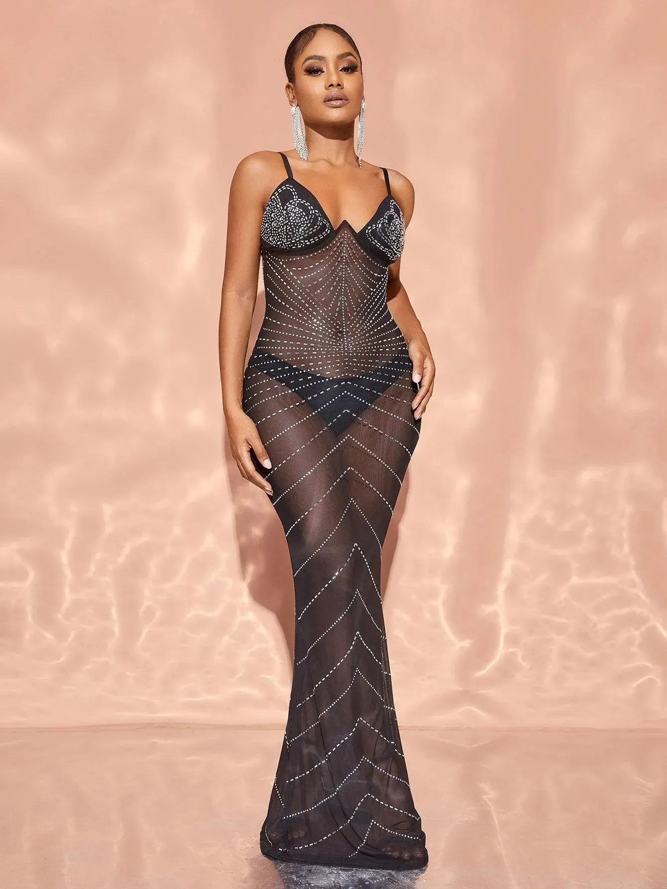 Chic Rhinestone Detail Sheer Mesh Cami Dress