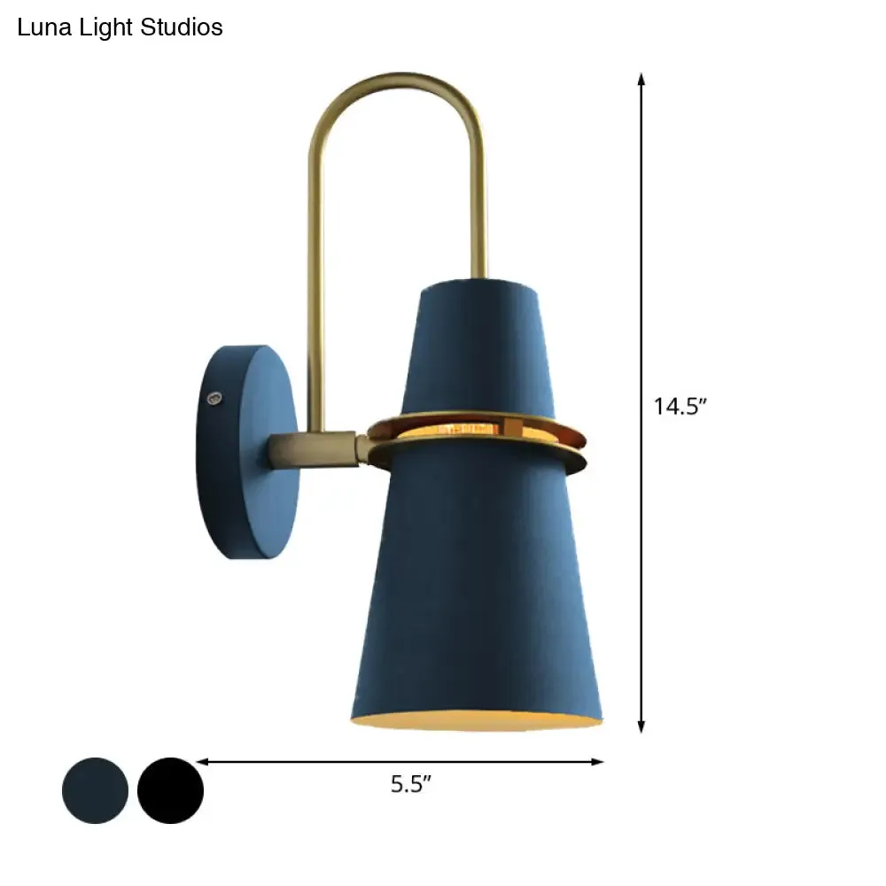 Contemporary Metallic Flared Wall Sconce Light with Curved Arm - Blue/Black 1 Head Wall Mount Lamp Fixture