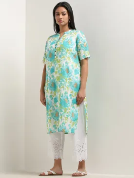 Diza Aqua Floral Printed Straight Cotton Kurta