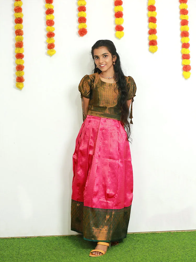 Elegant Brocade Pattupavadai: Puff Sleeve and Round Neckline