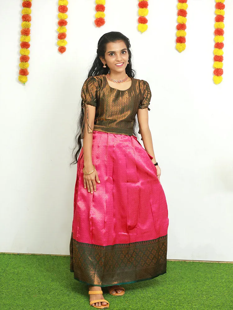 Elegant Brocade Pattupavadai: Puff Sleeve and Round Neckline