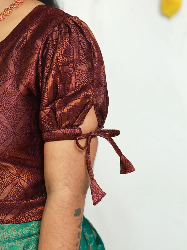 Elegant Brocade Pattupavadai: Puff Sleeve and Round Neckline