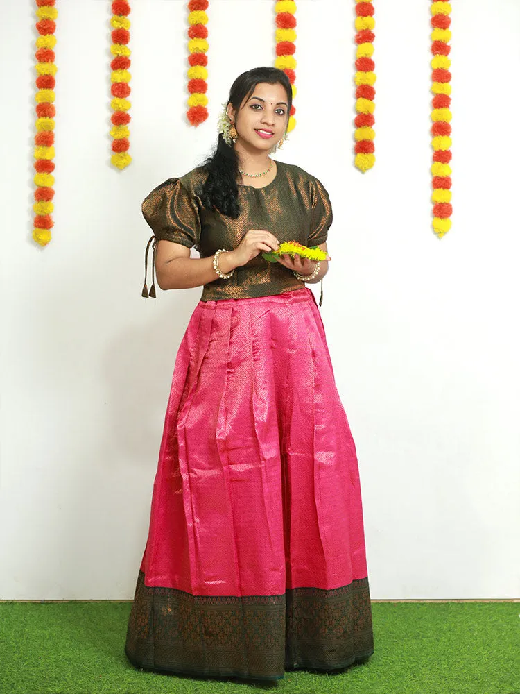 Elegant Brocade Pattupavadai: Puff Sleeve and Round Neckline