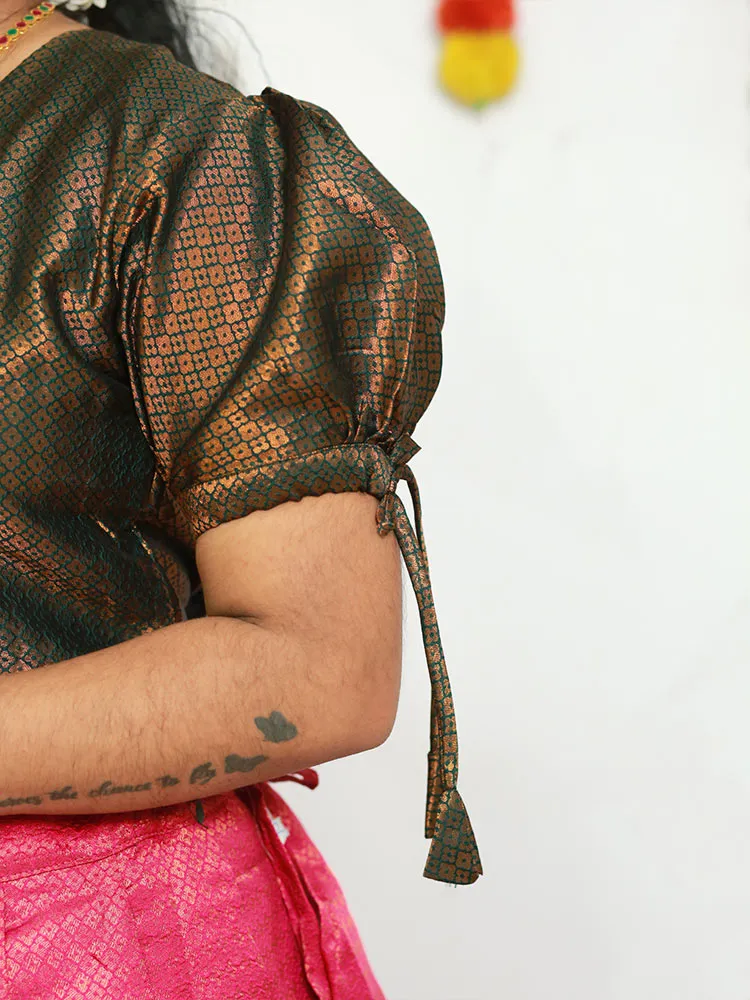 Elegant Brocade Pattupavadai: Puff Sleeve and Round Neckline