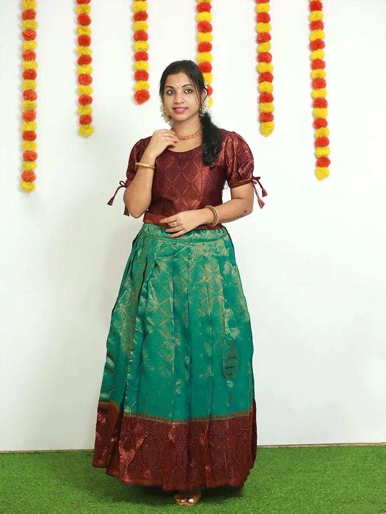 Elegant Brocade Pattupavadai: Puff Sleeve and Round Neckline