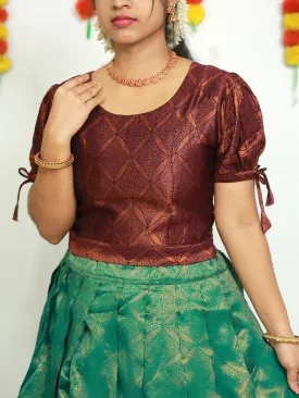 Elegant Brocade Pattupavadai: Puff Sleeve and Round Neckline