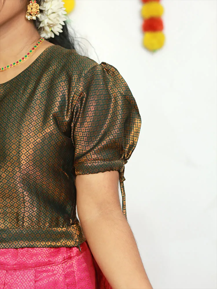 Elegant Brocade Pattupavadai: Puff Sleeve and Round Neckline
