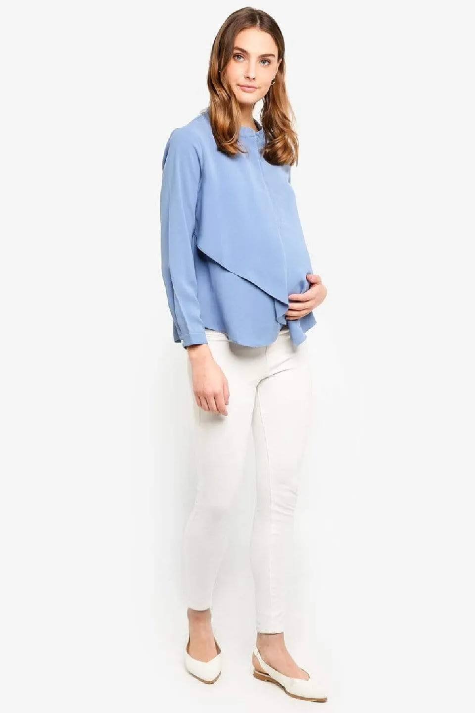 Long Sleeves Chrissy Mandarin Collar Nursing Top Grey Blue