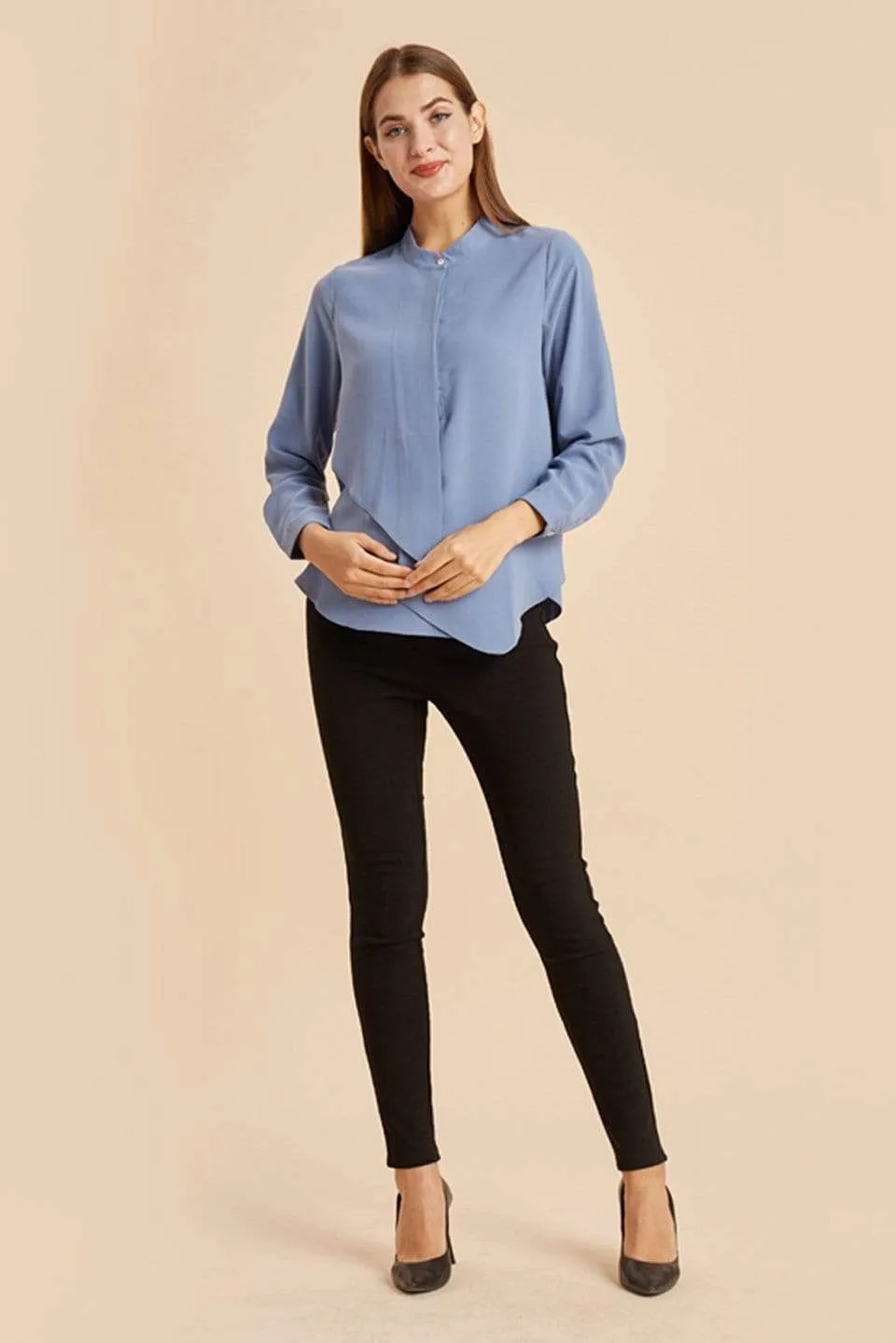 Long Sleeves Chrissy Mandarin Collar Nursing Top Grey Blue