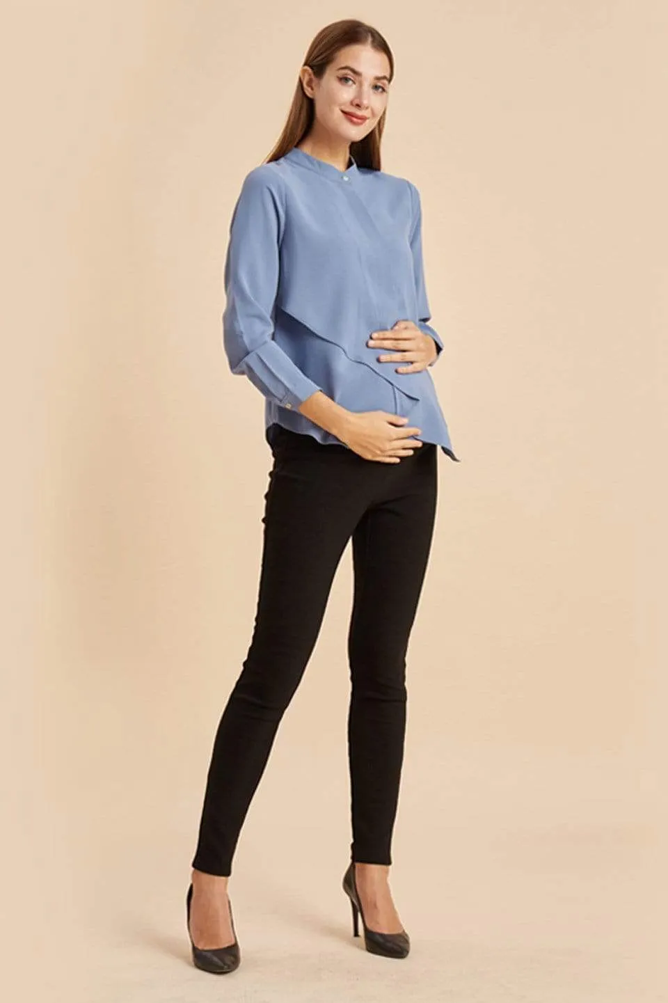 Long Sleeves Chrissy Mandarin Collar Nursing Top Grey Blue