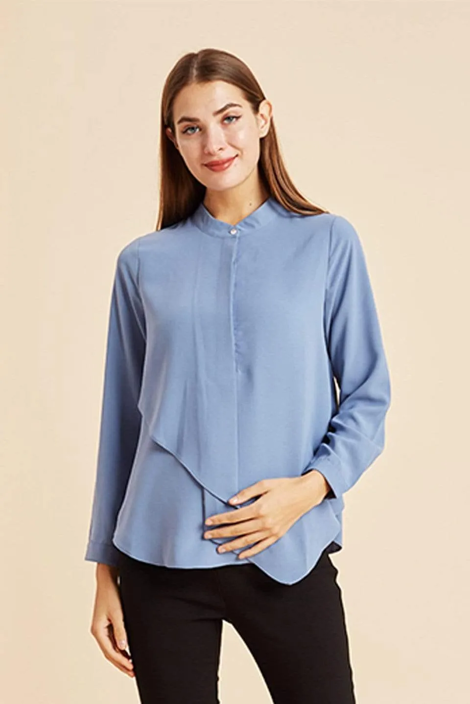 Long Sleeves Chrissy Mandarin Collar Nursing Top Grey Blue