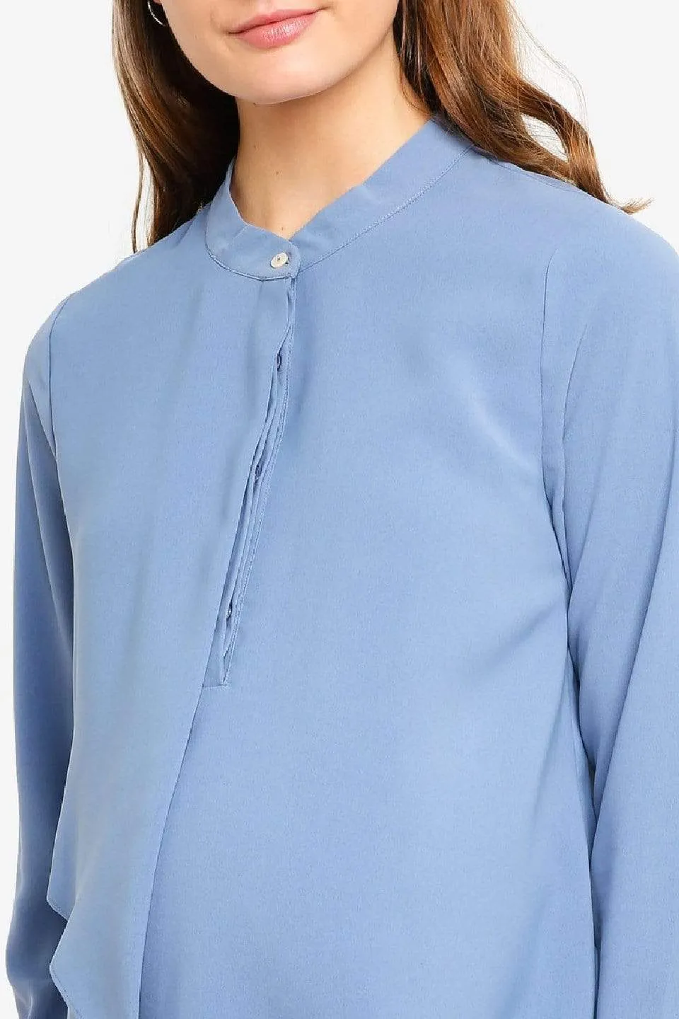 Long Sleeves Chrissy Mandarin Collar Nursing Top Grey Blue