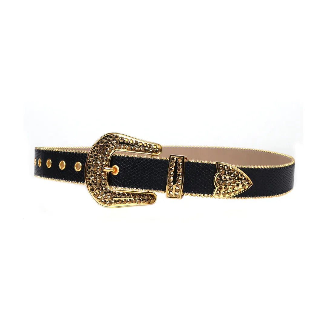 Rhinestone Black Strap With Gold Studded Belt