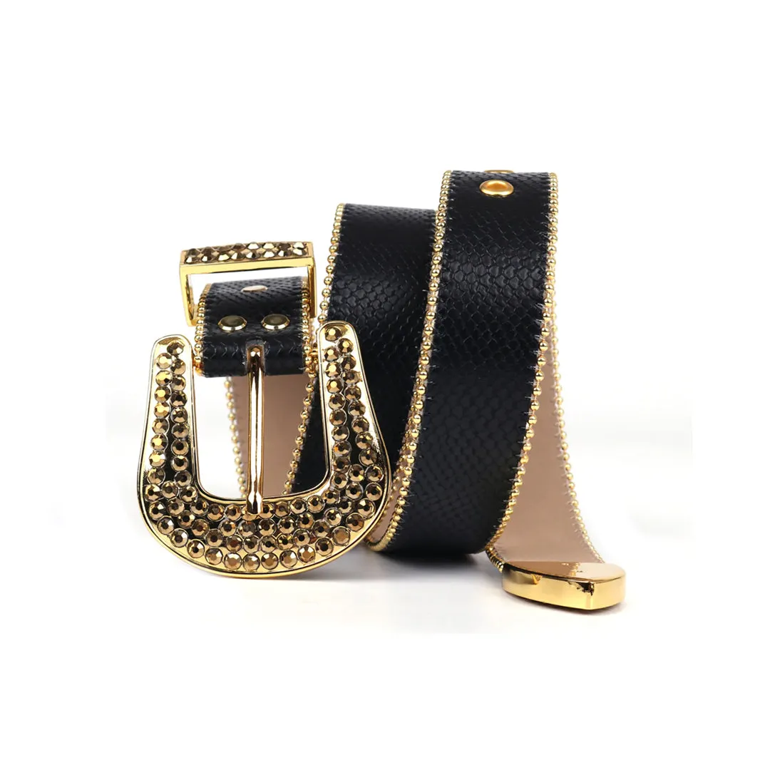 Rhinestone Black Strap With Gold Studded Belt