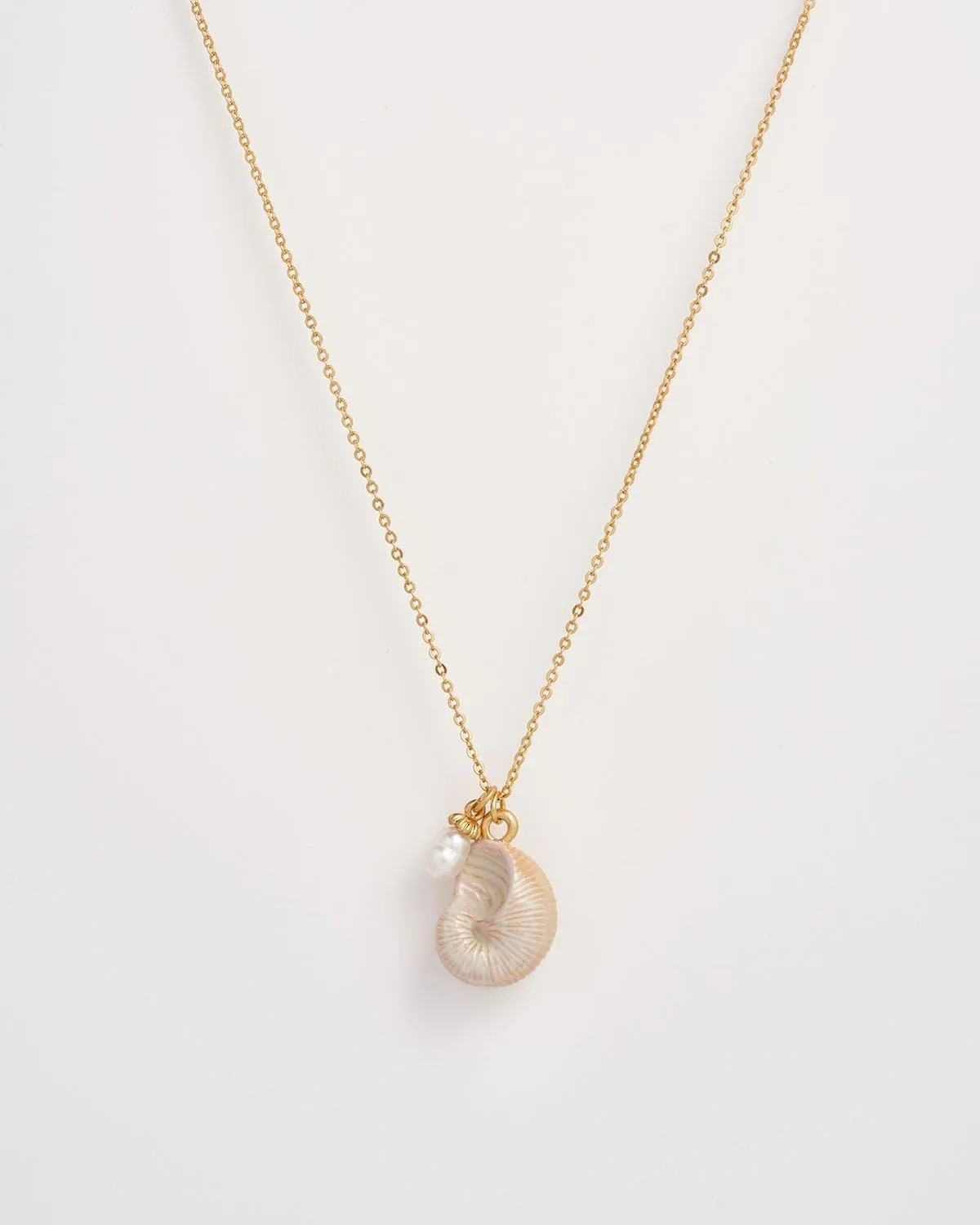 Sea Snail Shell and Pearl Worn Gold Short Necklace