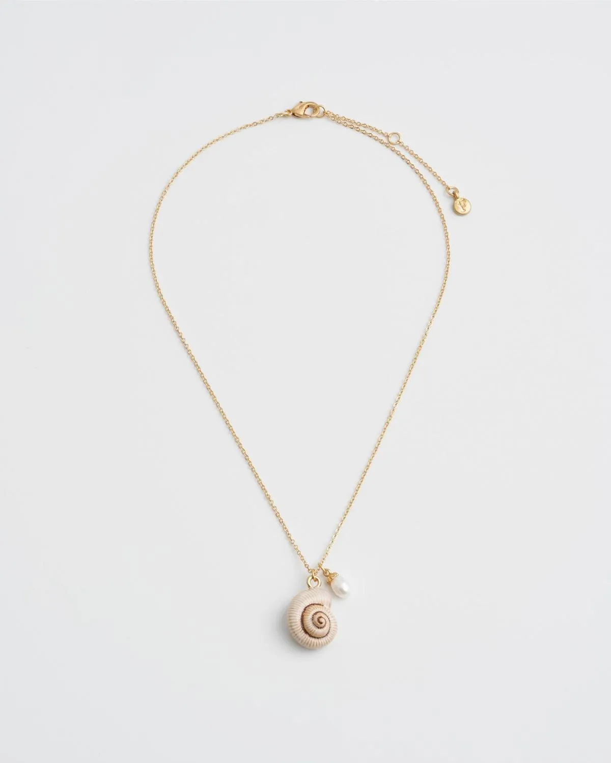 Sea Snail Shell and Pearl Worn Gold Short Necklace