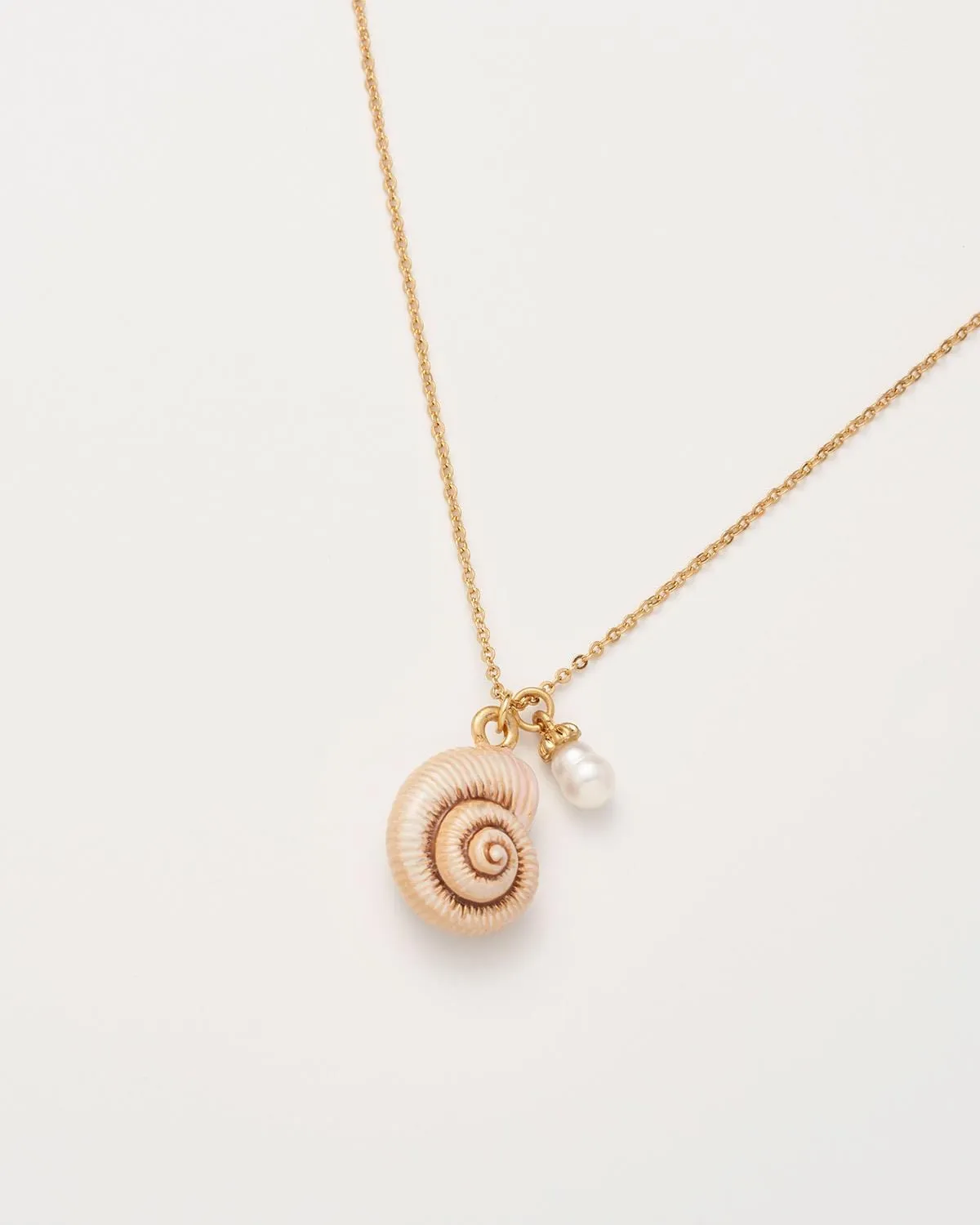 Sea Snail Shell and Pearl Worn Gold Short Necklace