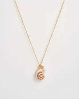 Sea Snail Shell and Pearl Worn Gold Short Necklace