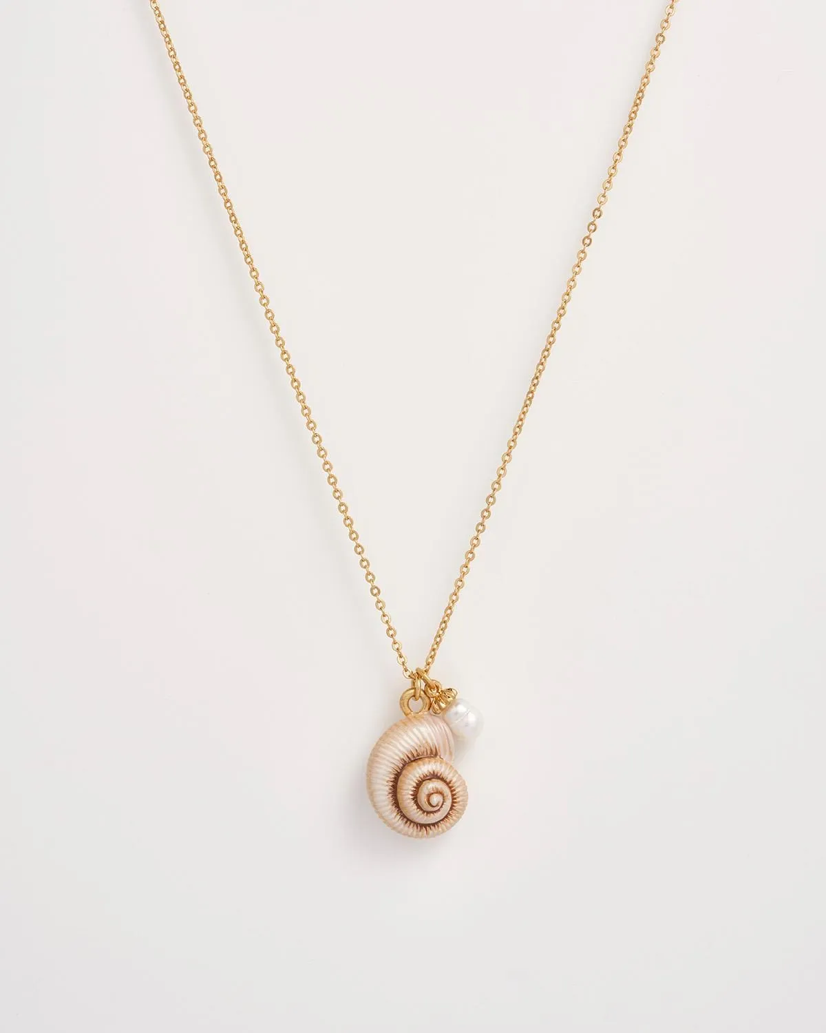 Sea Snail Shell and Pearl Worn Gold Short Necklace