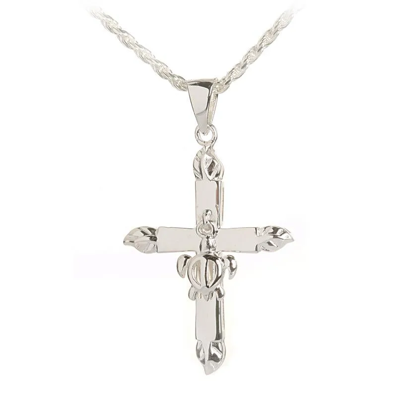 Sterling Silver 4 Leaves with Honu (Hawaiian Turtle) Shiny Cross Pendant (Chain Sold Separately)