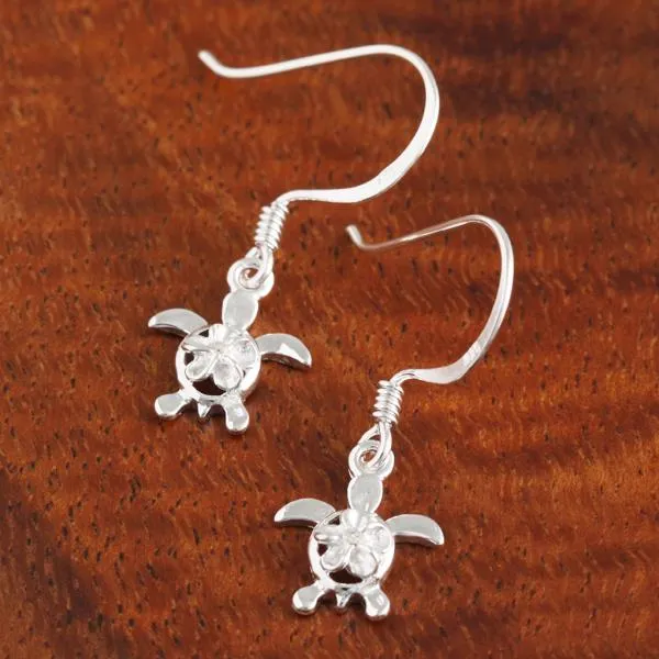 Sterling Silver 4mm Plumeria with CZ on Honu (Hawaiian Turtle) Hook Earrings Shiny