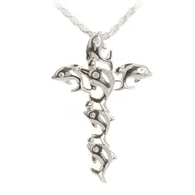Sterling Silver Dolphin with CZ Cross Pendant (Chain Sold Separately)