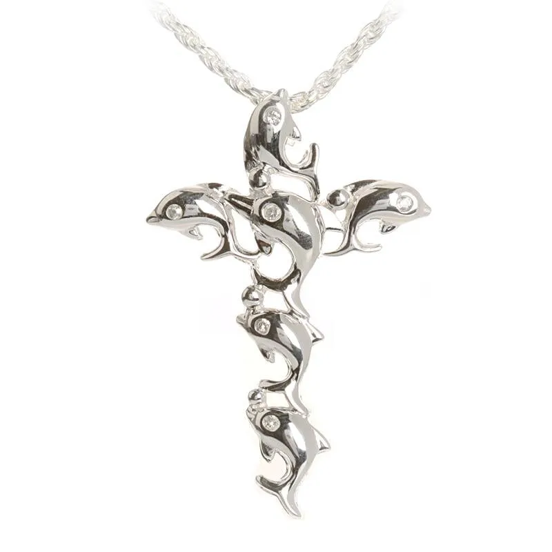 Sterling Silver Dolphin with CZ Cross Pendant (Chain Sold Separately)