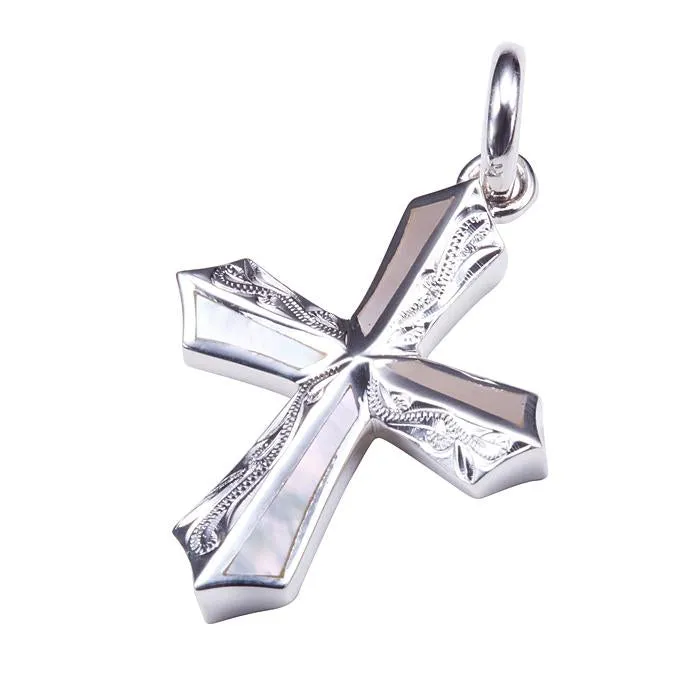 Sterling Silver Hawaiian Scroll Cross with Mother-of-Pearl Inlay Pendant (Chain Sold Separately)