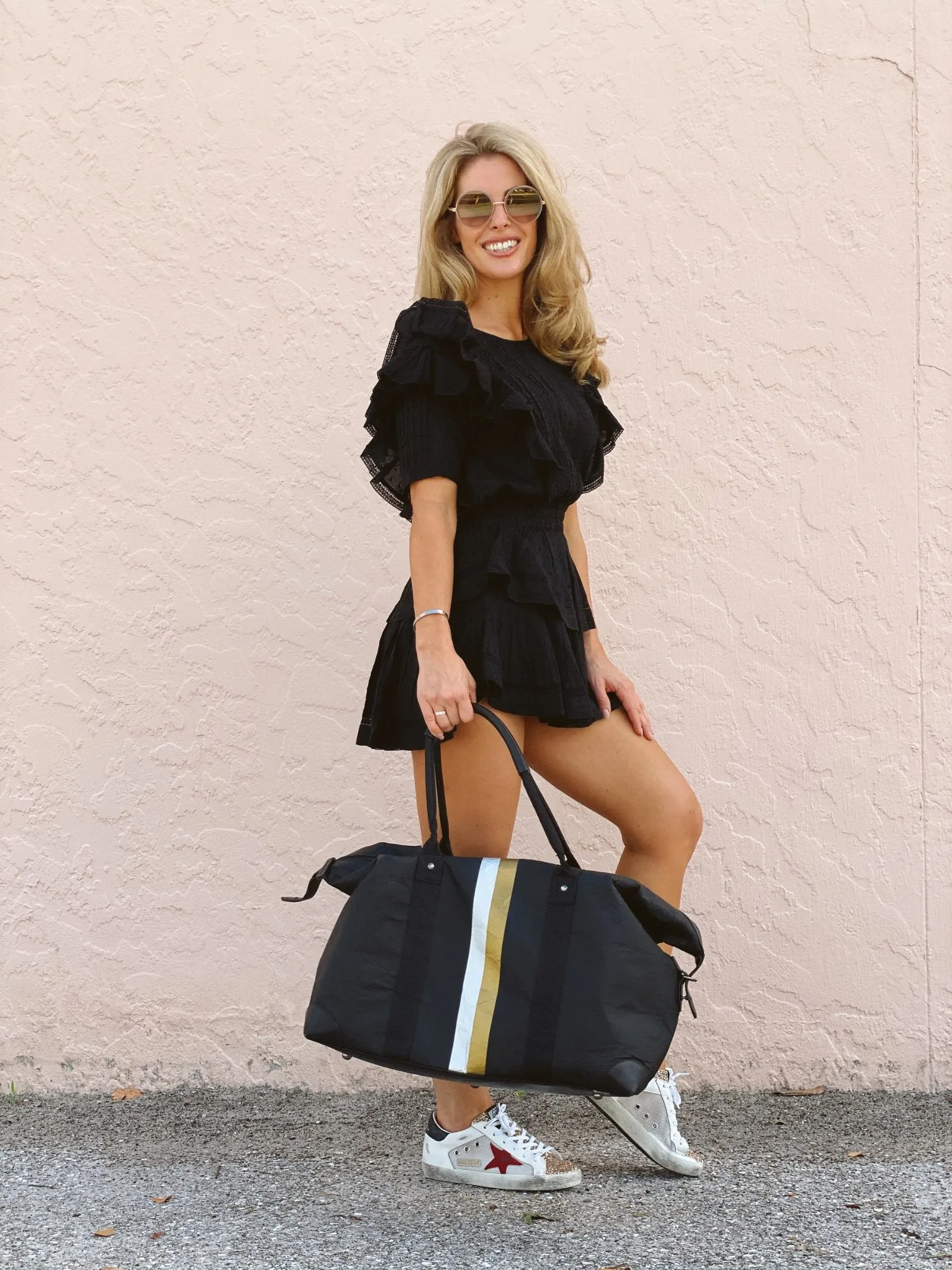 The Weekender Bag in Black with Silver and Gold Stripes