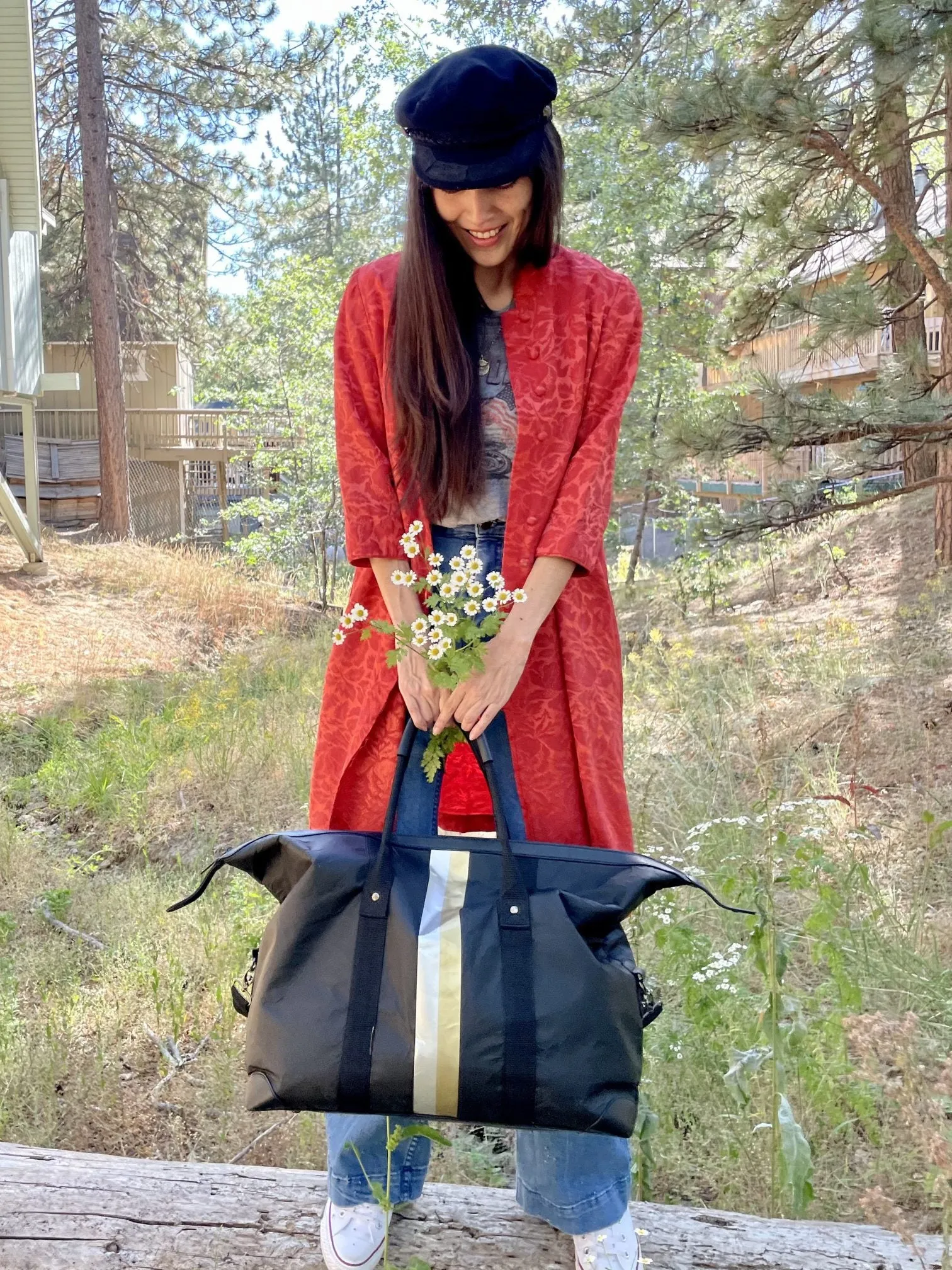 The Weekender Bag in Black with Silver and Gold Stripes