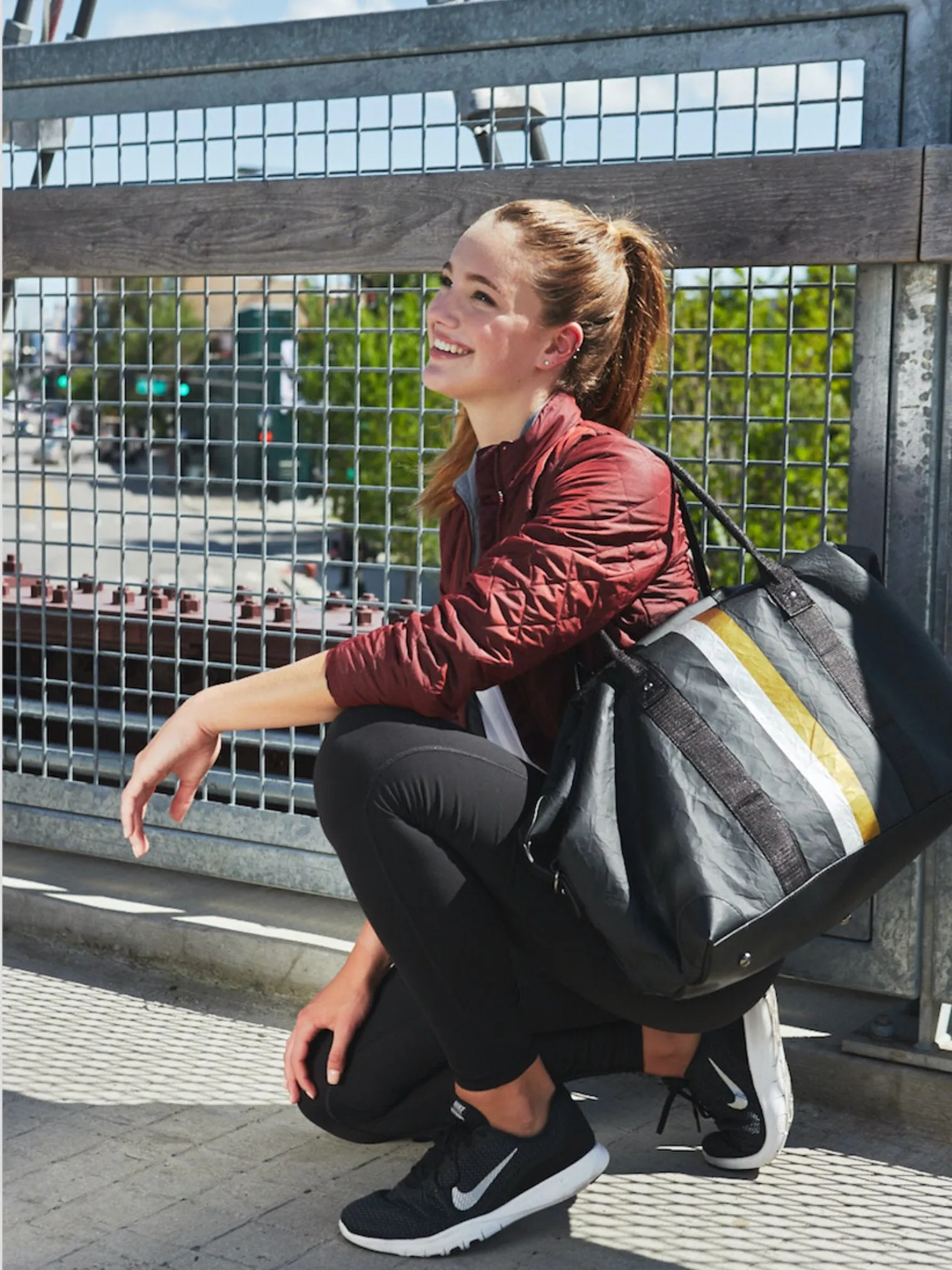 The Weekender Bag in Black with Silver and Gold Stripes