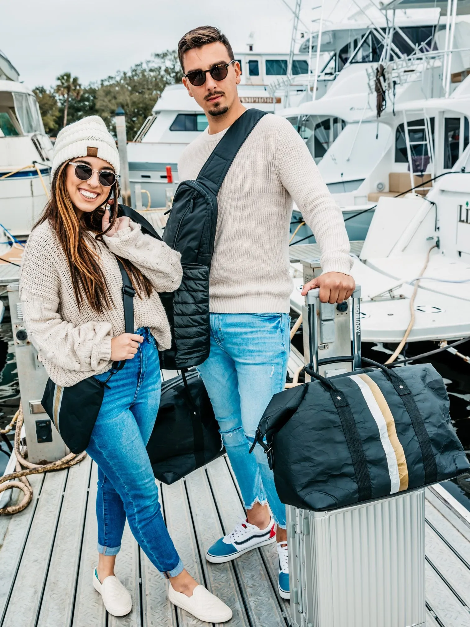 The Weekender Bag in Black with Silver and Gold Stripes