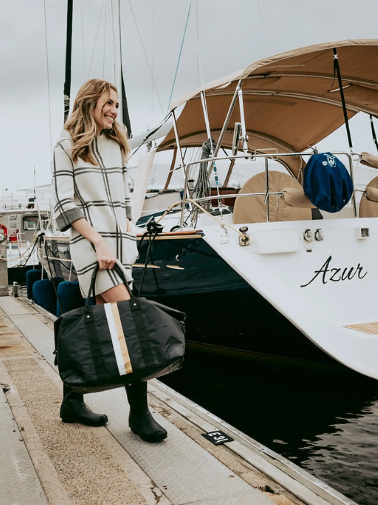 The Weekender Bag in Black with Silver and Gold Stripes