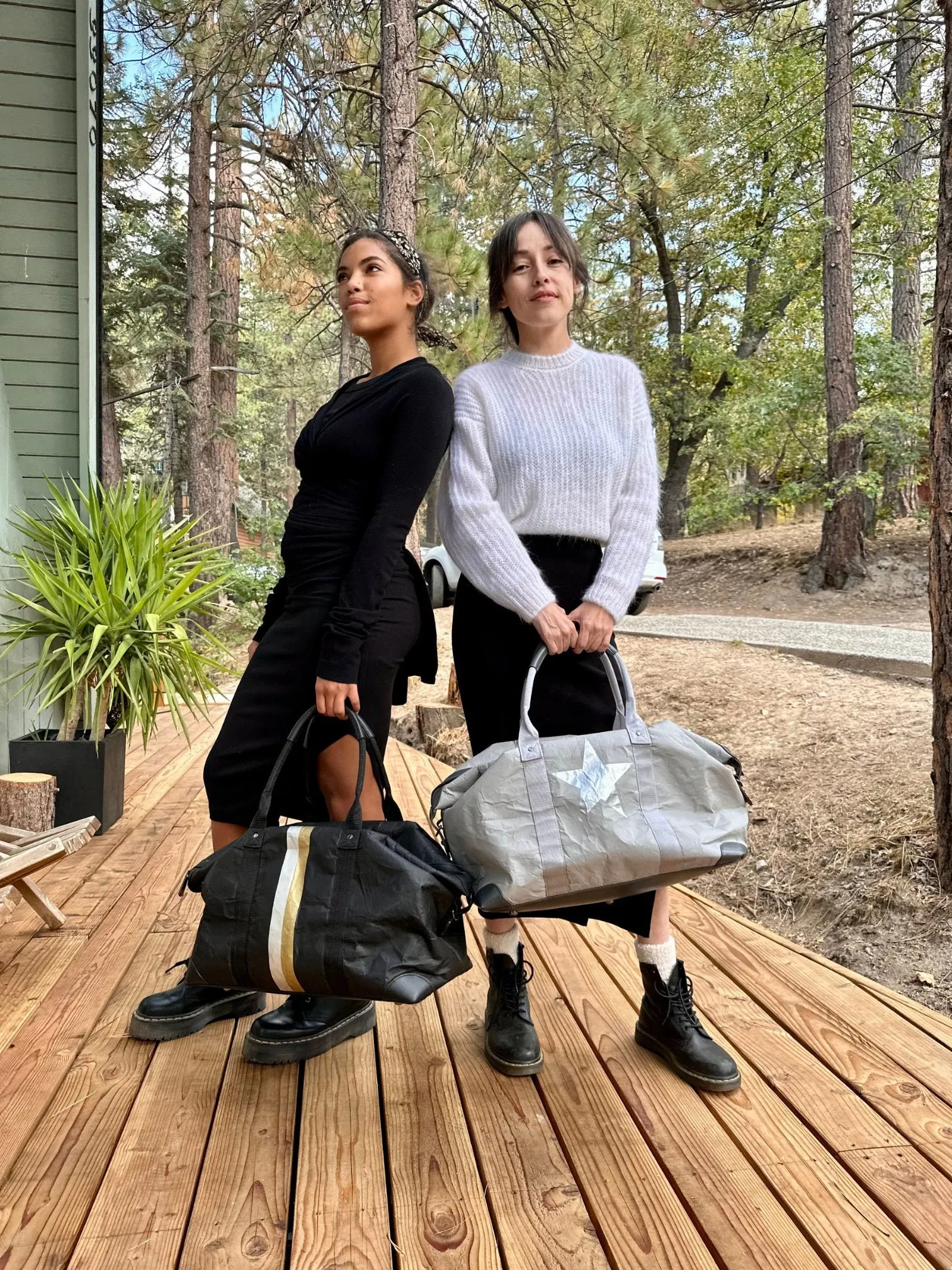 The Weekender Bag in Black with Silver and Gold Stripes