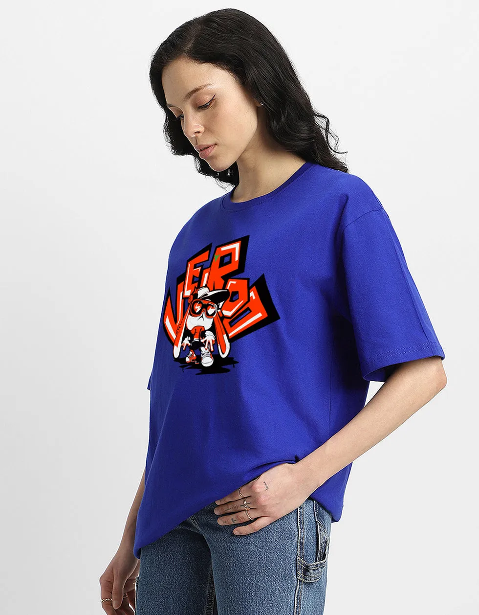 VEIRDO Women Blue Oversized Puff Front Printed Tshirt